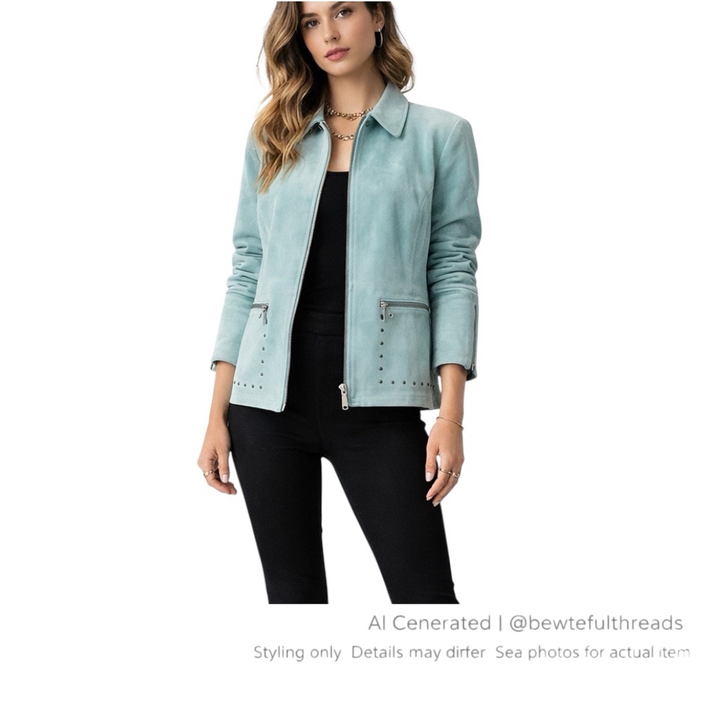 Guillaume Pastel Blue Green Suede Leather Moto Jacket Studded Y2K L